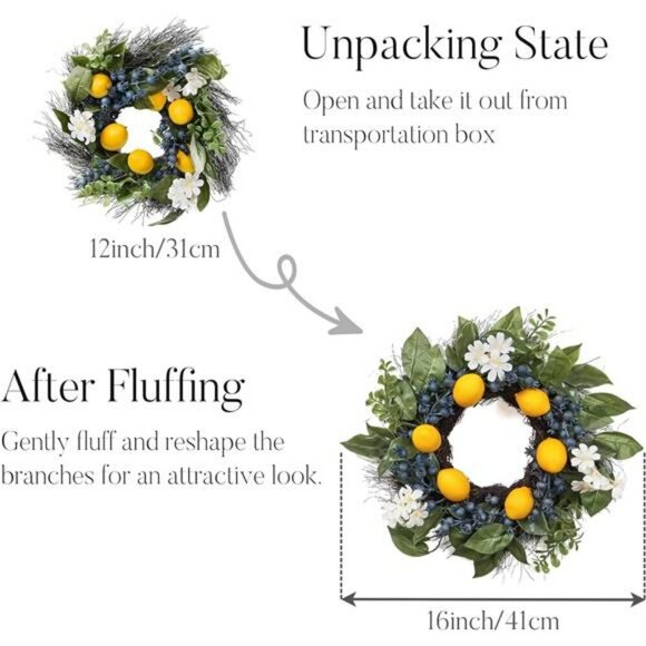 Lemon Wreath with Lights 16in Spring Summer Front Door Decor with Greenery - Picture 6 of 7